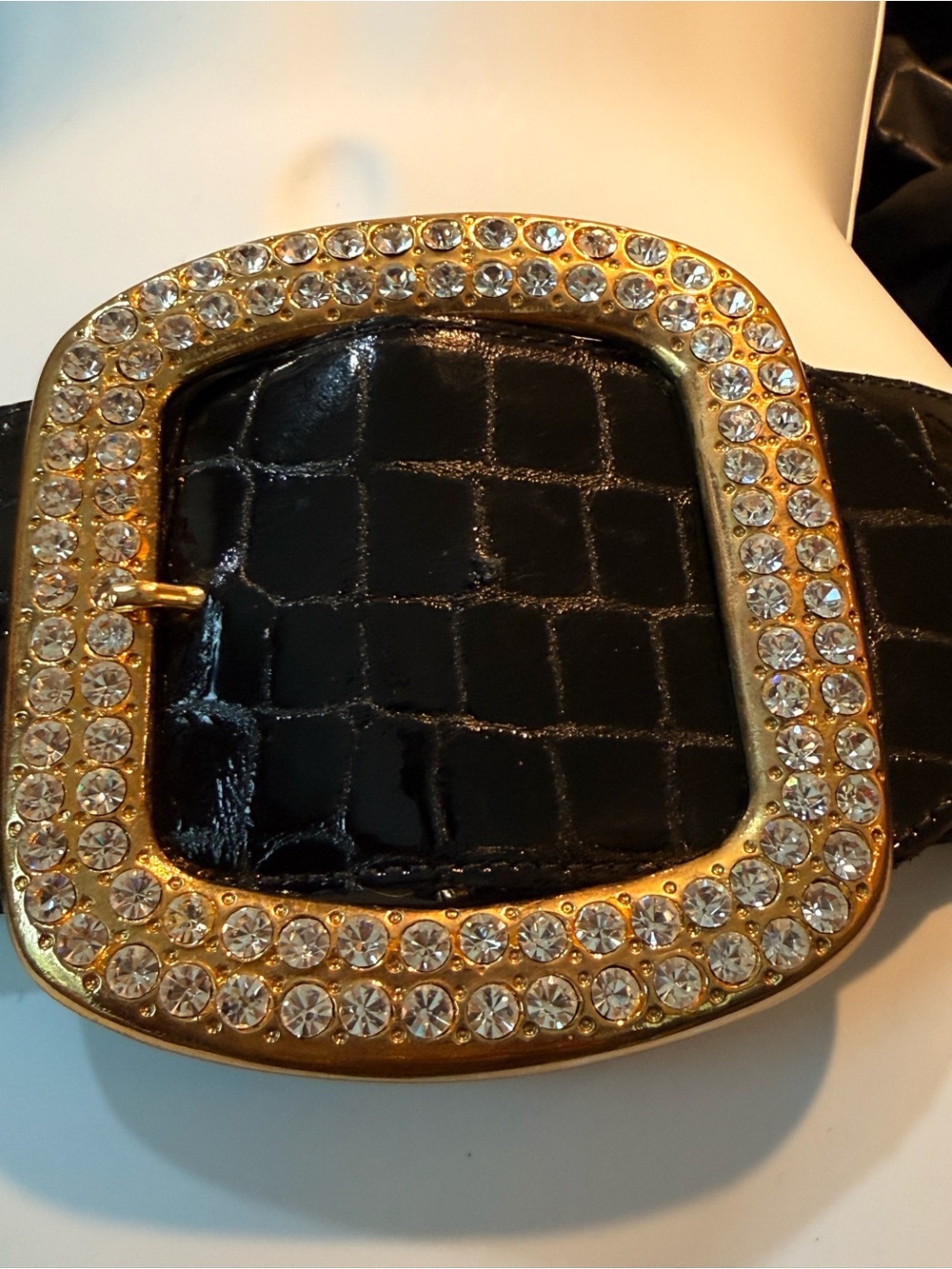 Ardene B. Black Croc-Embossed Belt with Large Gold Crystal Square Buckle - Picture 3 of 8